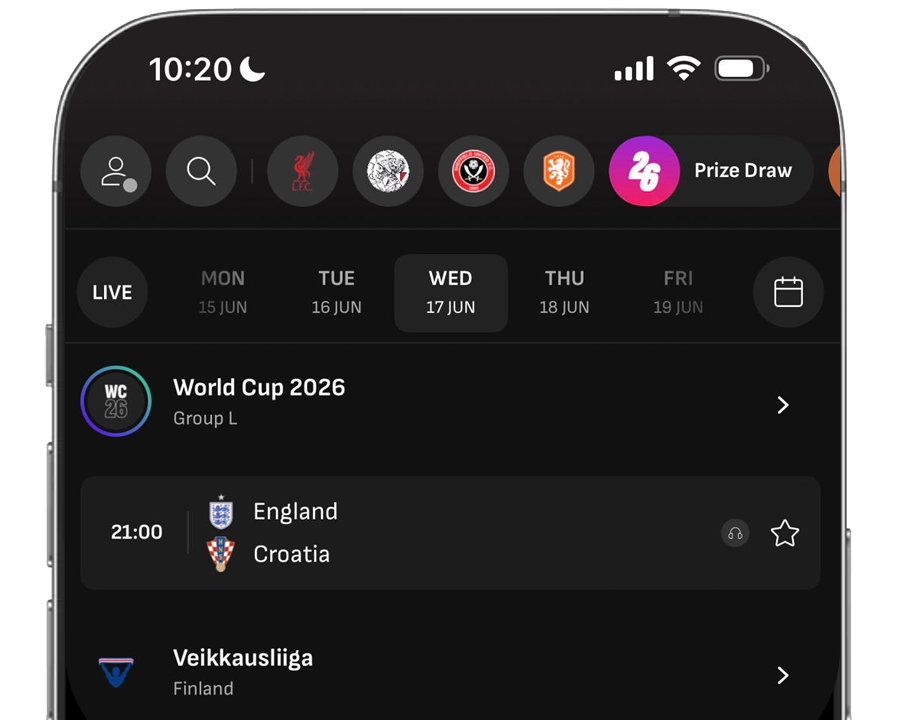 LiveScore app showing World Cup live scores and fixtures