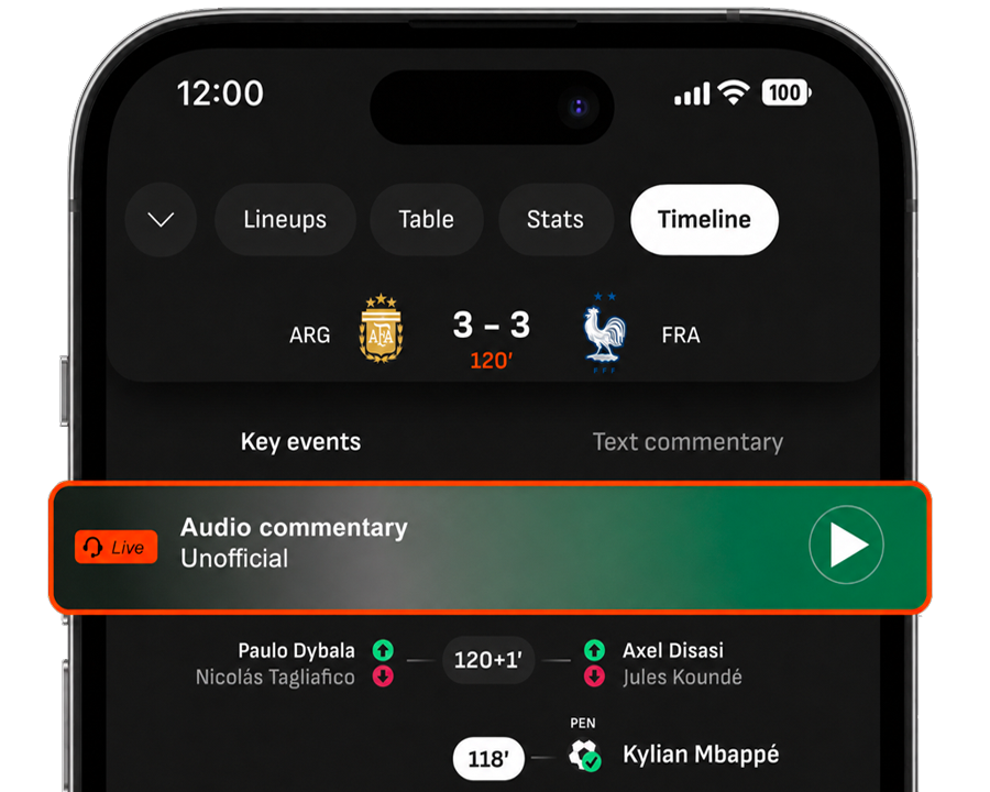 LiveScore app showing live match stats and commentary